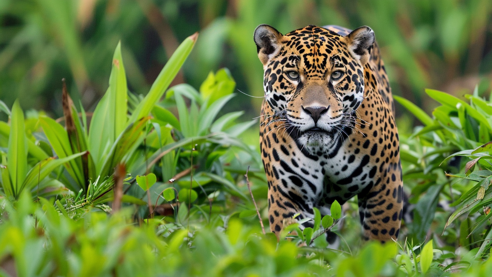A jaguar walking along the swamp in the Amazon