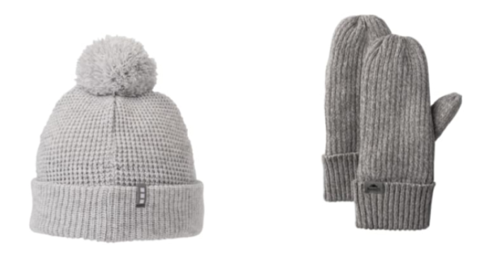 Screenshot of a grey knit cap and a pair of grey mittens. 