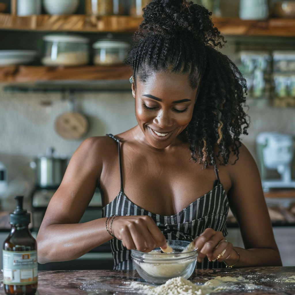 Black woman with glowing skin mixing ingredients for a DIY balancing body scrub for normal skin.