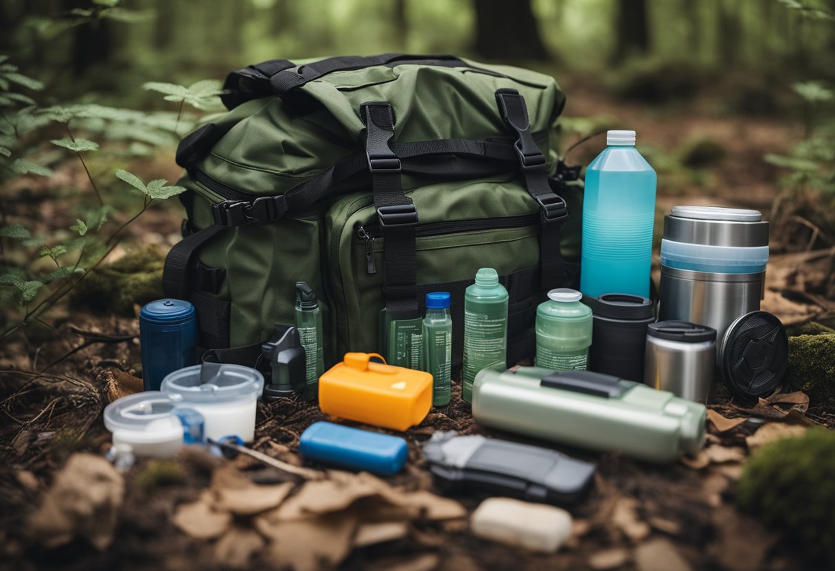 A bug out bag sits open on a forest floor, filled with a water filter, first aid kit, flashlight, multi-tool, and emergency rations