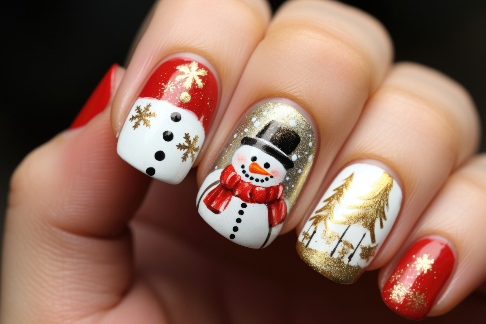 Nails designed with various Christmas creations.