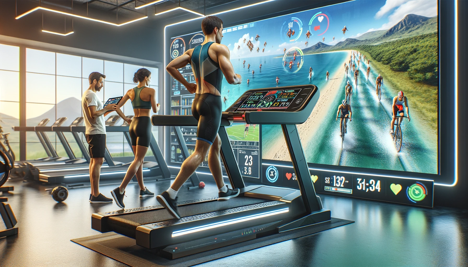 The male athlete is engaged with the smart treadmill, focusing on his performance metrics. The coach, a professional female figure in sports attire, is closely observing the data on her tablet, ready to provide expert guidance