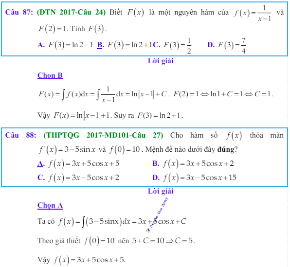 Công thức Nguyên hàm và bài tập từ đề thi có giải chi tiết