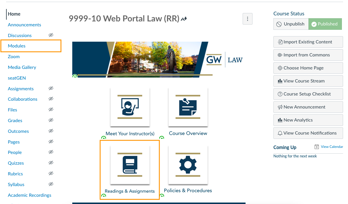 Canvas course site home page with Modules and Readings and assignments button highlighted
