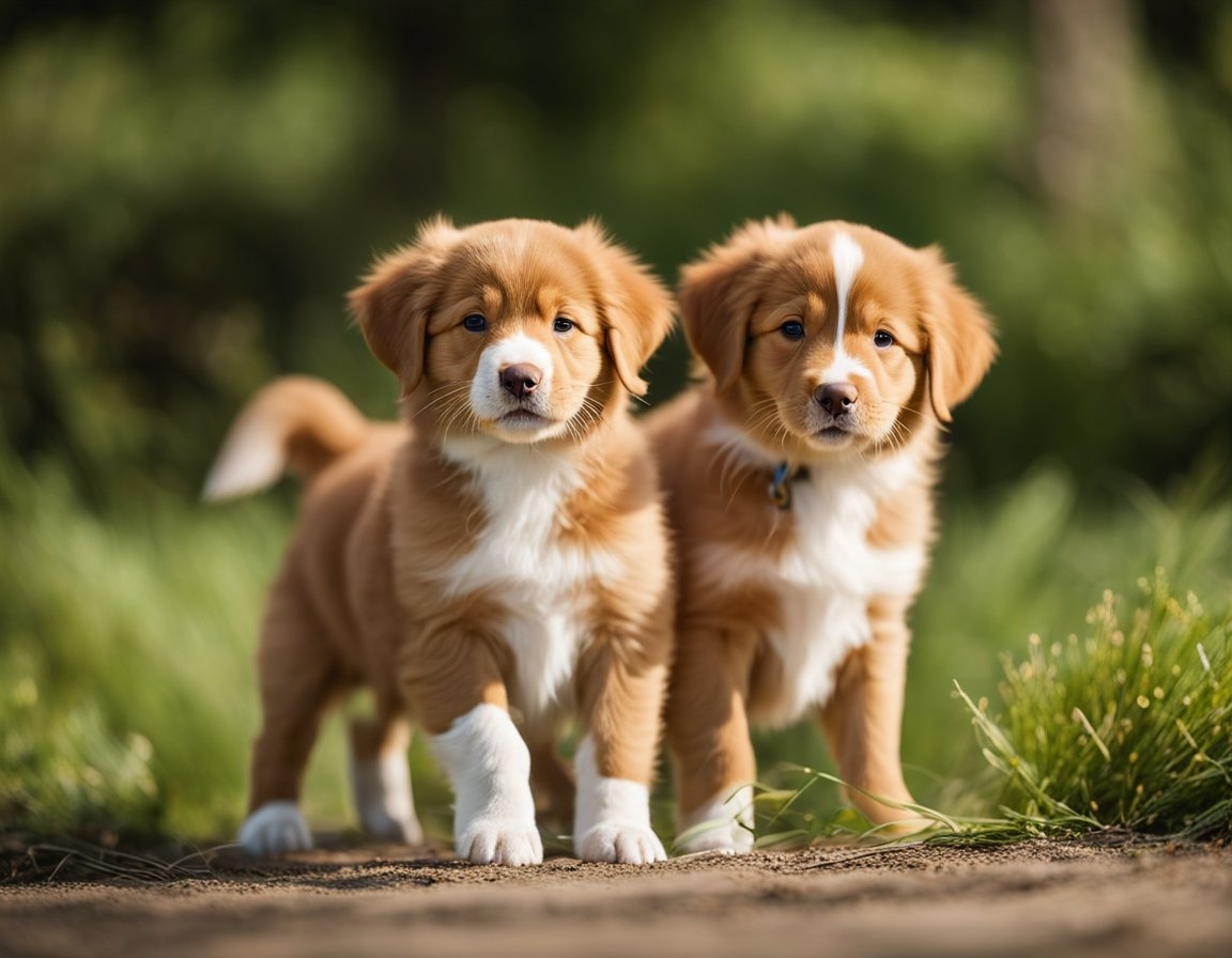 a photo of two mixed colored nova scotia duck tolling retriever puppy standing on a ground with bushes on the background