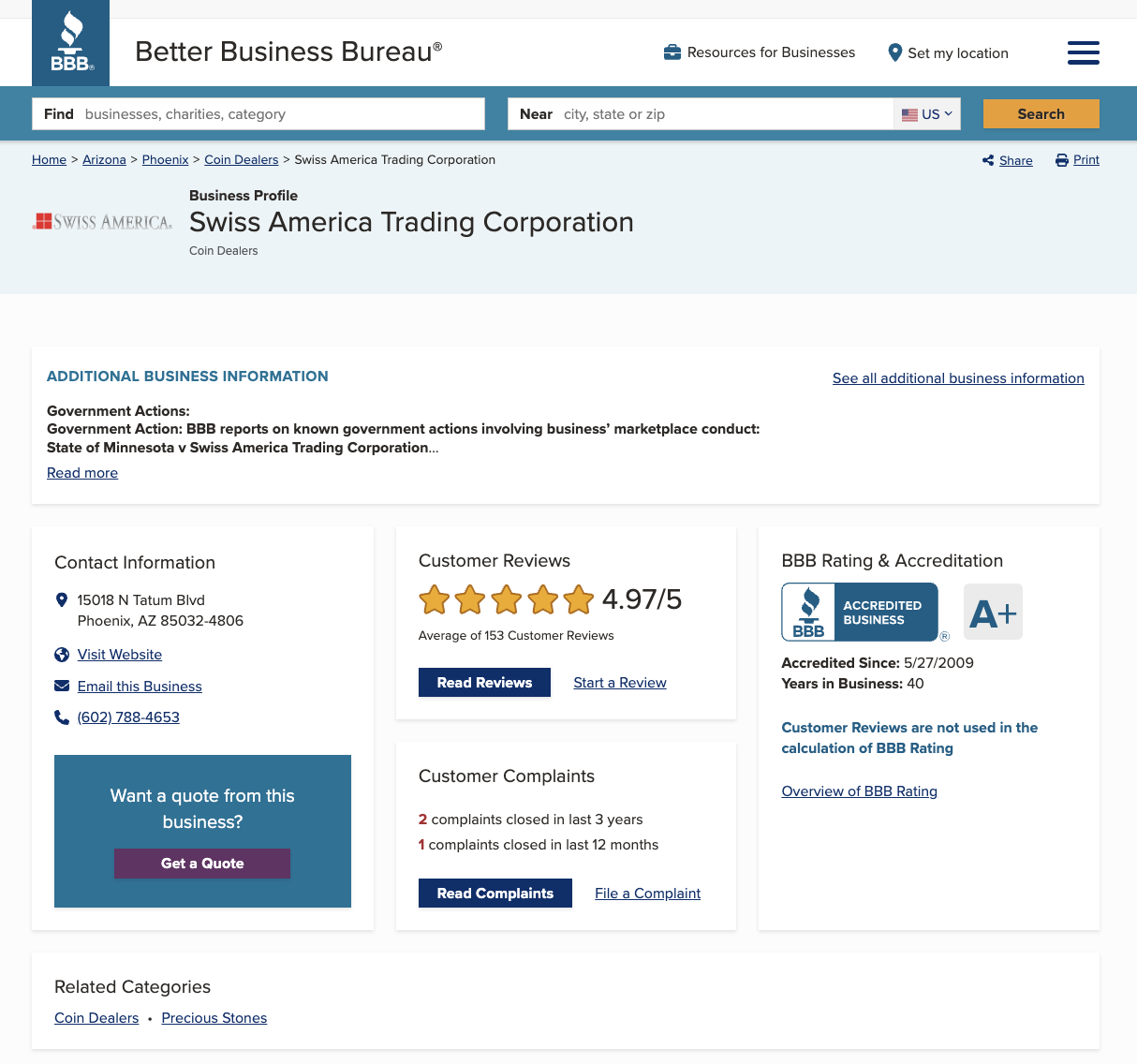 Swiss America Trading Corp complaints on BBB