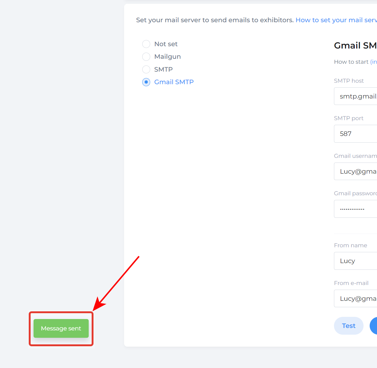 Gmail SMTP settings page with Message sent button in box