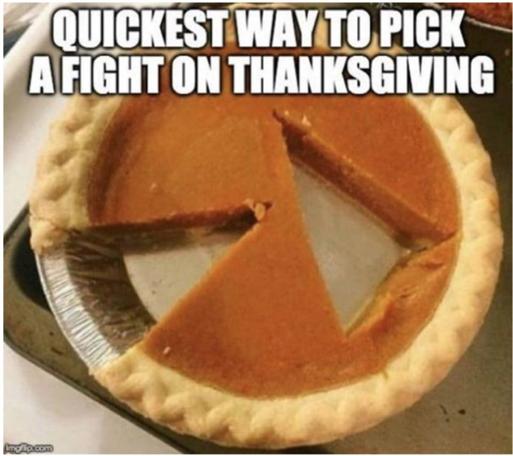 Caption: Quickest way to pick a fight on Thanksgiving. Photo is of a pumpkin pie with one slice taken out of the side, and another triangle taken from the center.