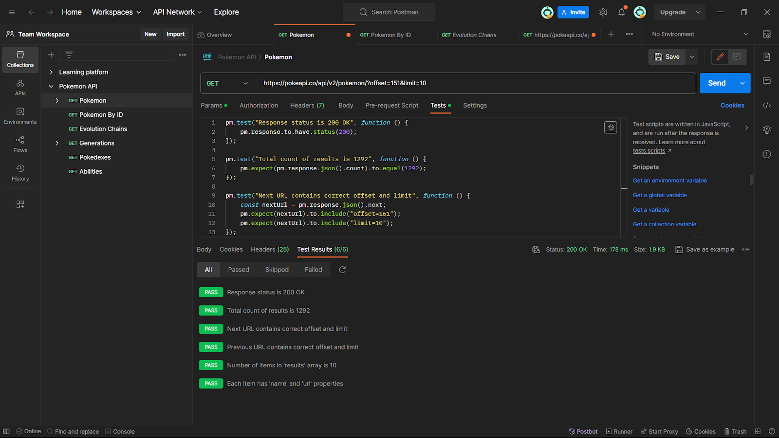 A screenshot of a Postman request with a test script. The test script is verifying that the response status code is 200 OK and that the total count of results is 1292.