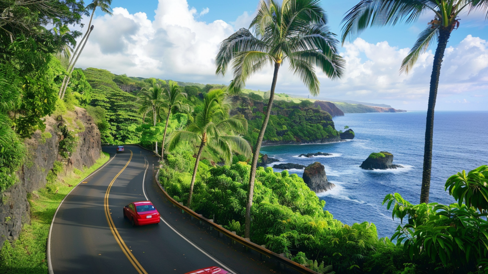 A car passing along the Road to Hana in Hawaii