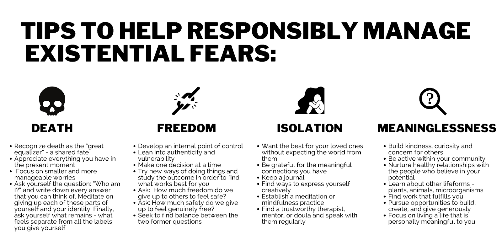 TIPS TO HELP RESPONSIBLY MANAGE EXISTENTIAL FEARS:

Death:
Recognize death as the great equalizer— shared fate
Appreciate everything you have in the present moment
Focus on smaller and more manageable worries
Ask yourself the question: Who am I? and write down every answer that you can think of. Meditate on giving up each of these parts of yourself and your identity. Finally, ask yourself what remains - what feels separate from all the labels you give yourself

Freedom:
Develop an internal point of control
Lean into authenticity and vulnerability
Make one decision at a time
Try new ways of doing things and study the outcome in order to find what works best for you
Ask: How much freedom do we give up to others to feel safe?
Ask: How much safety do we give up to feel genuinely free?
Seek to find balance between the two former questions

Isolation:
Want the best for your loved ones without expecting the world from them
Be grateful for the meaningful connections you have
Keep a journal
Find ways to express yourself creatively
Establish a meditation or mindfulness practice
Find a trustworthy therapist, mentor, or doula and speak with them regularly

Meaninglessness:
Build kindness, curiosity and concern for others
Be active within your community
Nurture healthy relationships with the people who believe in your potential
Learn about other lifeforms - plants, animals, microorganisms
Find work that fulfills you
Pursue opportunities to build, create, and give generously
Focus on living a life that is personally meaningful to you