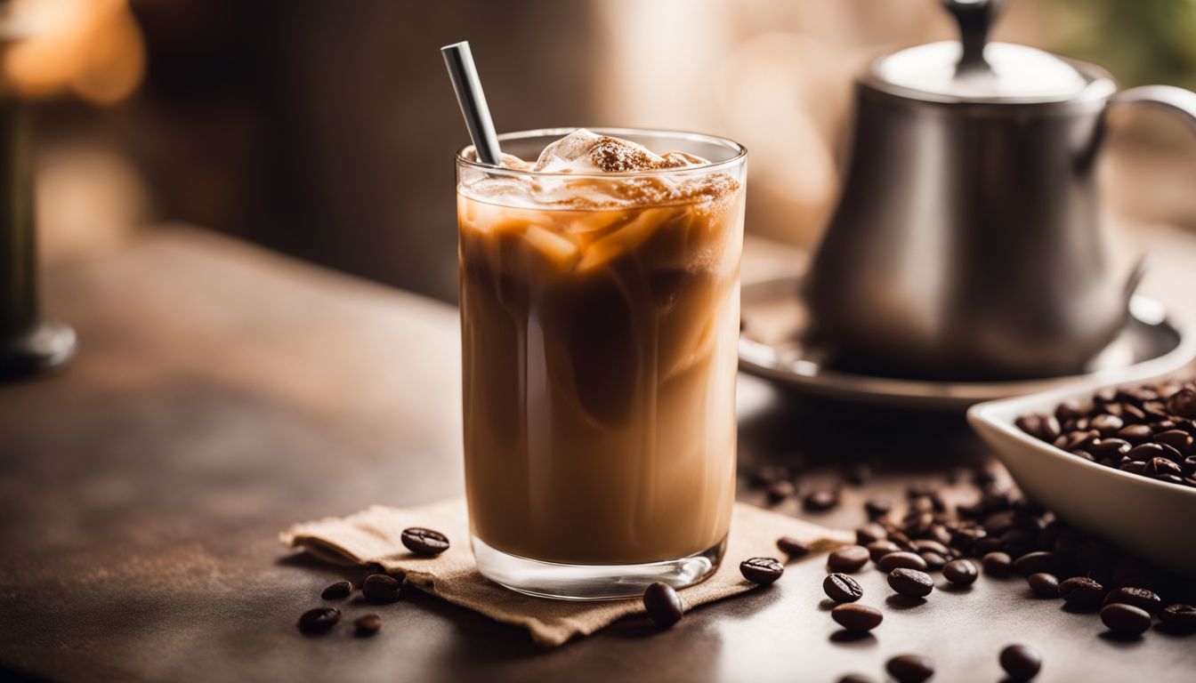 A glass of iced coffee with sweetened condensed milk and coffee beans.