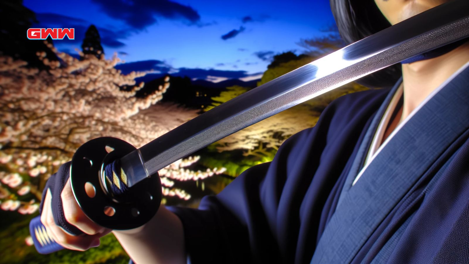 Primer plano de un samurái de anime con katana y flores de cerezo.