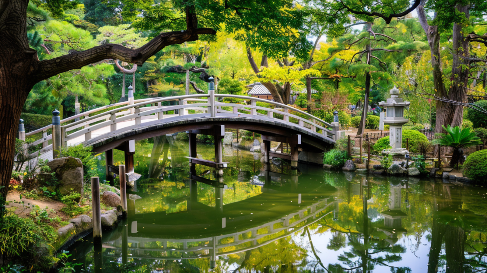 An arch bridge at a Shinto shrine in Osaka, Japan