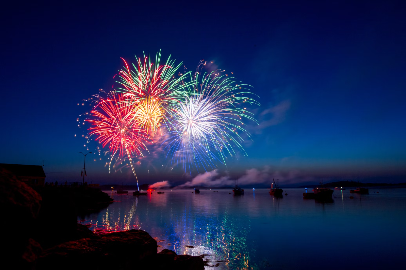 A display of amazing fireworks in the harbor of Lubec, Maine.