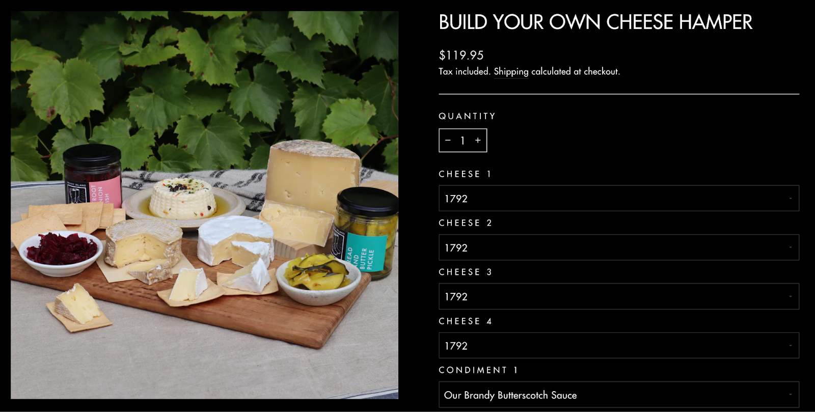Screenshot of a product bundle called "Build Your Own Cheese Hamper" where customers and select their cheese types.