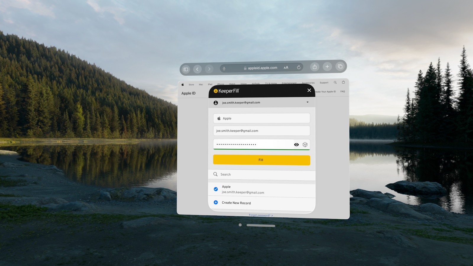 Obraz ekranu Apple Vision Pro z&nbsp;automatycznym wypełnianiem danych uwierzytelniających przez KeeperFill.