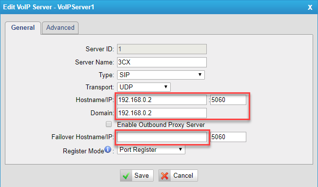 Указание параметров подключения к серверу 3CX