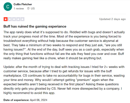 A 1-star Trustpilot review from a Buff user who finds the app too buggy to use most of the time. 