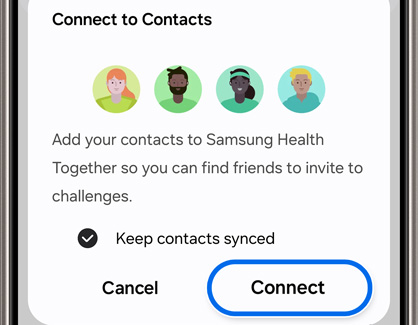 Connect option highlighted in Connect to Contacts pop-up within Samsung Health