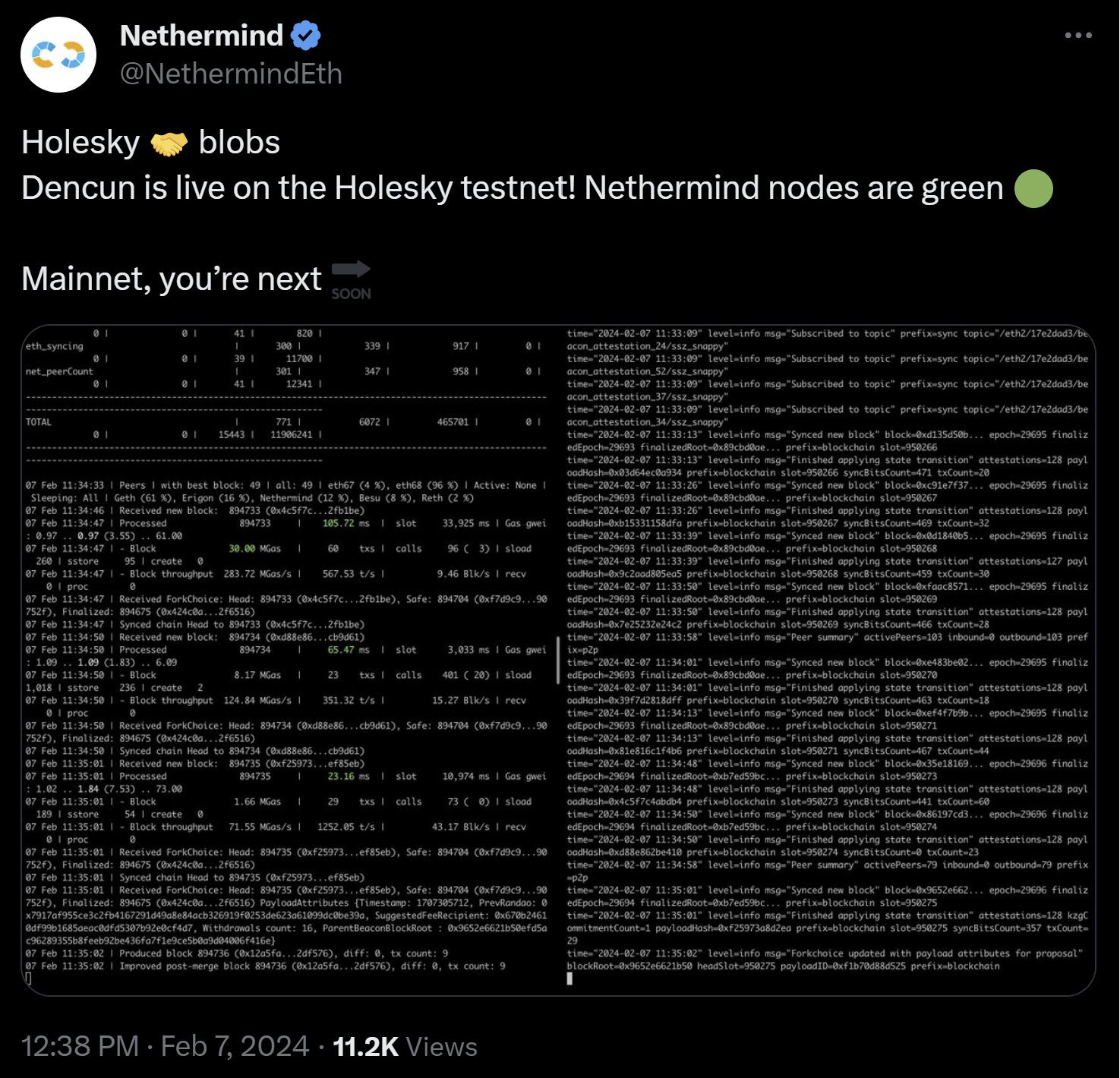 NethermindEth X Post Confirming Dencun is live on the Holesky testnet