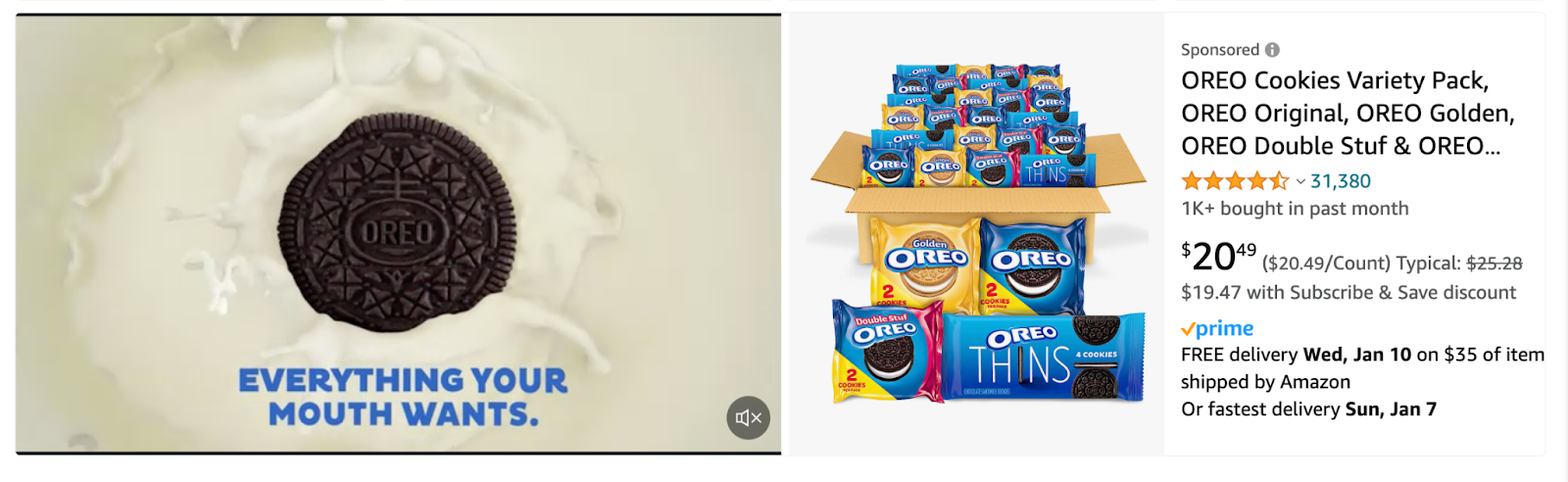 Screenshot of Amazon product listing for Oreos showing a video and a title with high customer ratings.