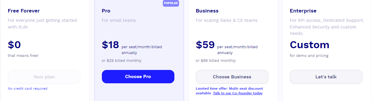 TL;DV priicing plans