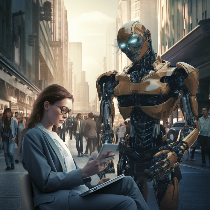 An AI assistant helping a woman sitting in a chair in the city.