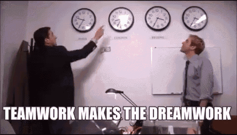 A GIF that states 'teamwork makes the dreamwork' as the characters from The Office USA blow a cheese ball to one another. 