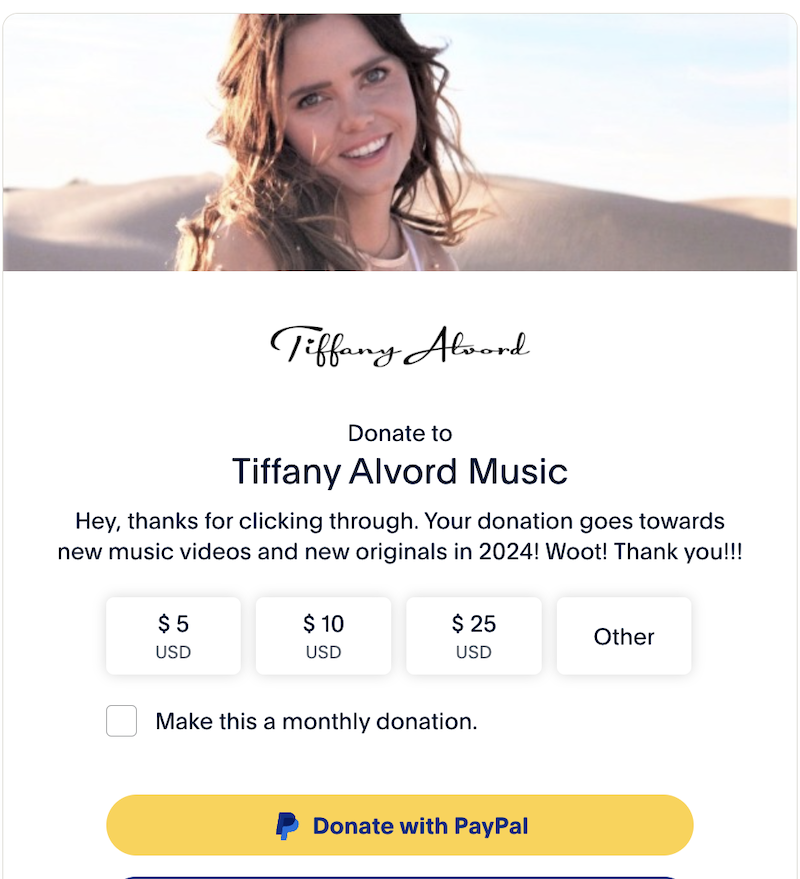  A screenshot of Tiffany Alvord’s virtual tip jar on PayPal