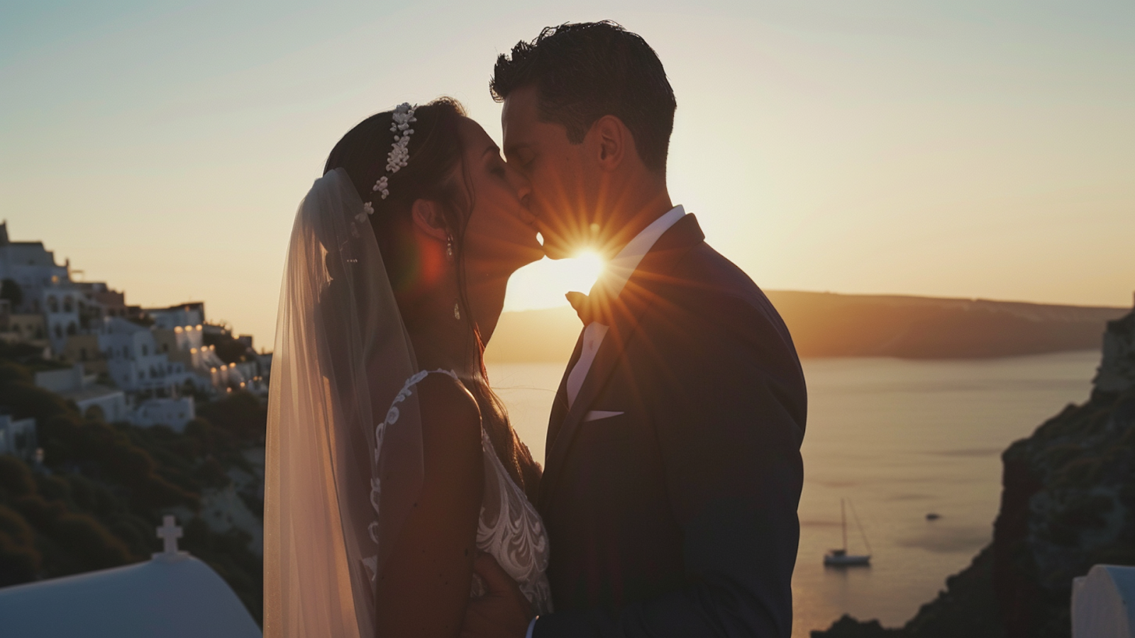 A newly-wed couple sharing a romantic kiss by the sunset in Santorini