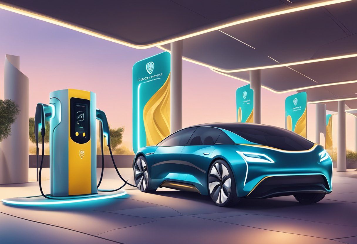 A futuristic electric car charging station in the heart of Qatar, surrounded by innovative sustainable automotive technologies and financial discussions