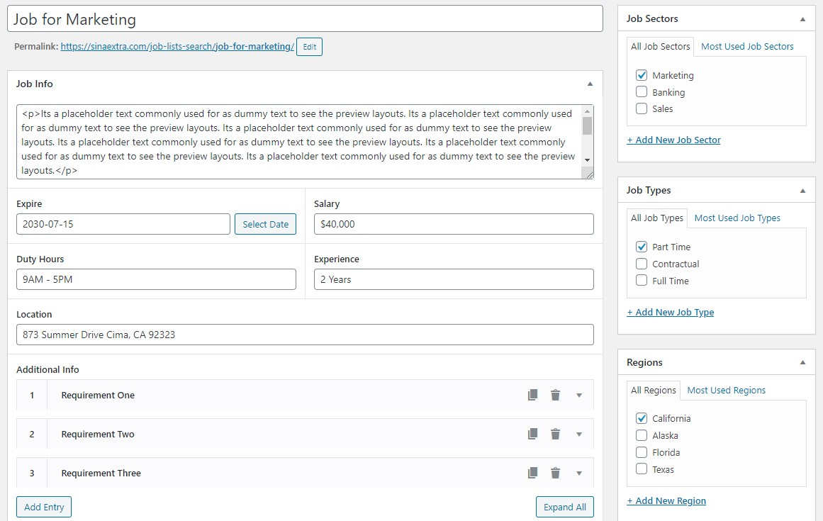 WordPress job board plugin Recruitly Addons backend screenshot