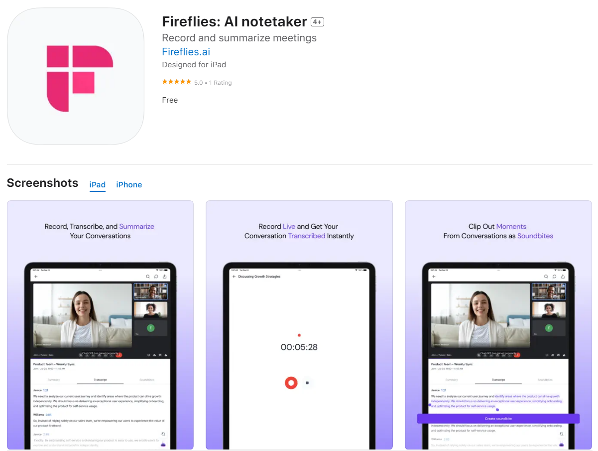 Best AI app for iPhone - Fireflies AI Notetaker
