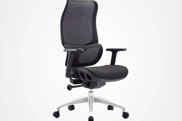 Fabric office chair with breathable mesh backrest in black, high back, armrest, and swivel function