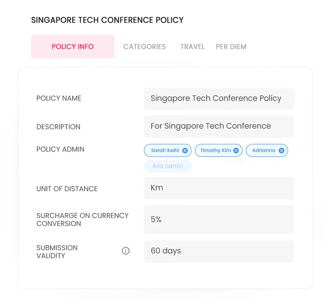 Assign policy admins to create, edit, and view expense report policy details