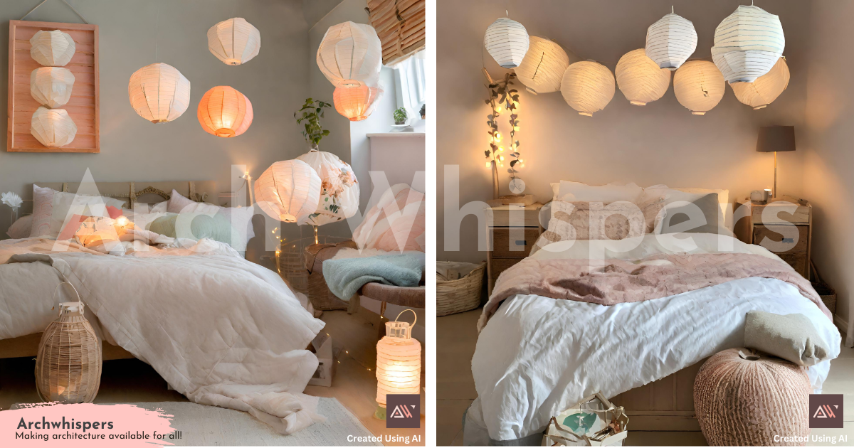 A Cozy Bedroom With Numerous Glass, Paper & Tin Lanterns on the Ceiling