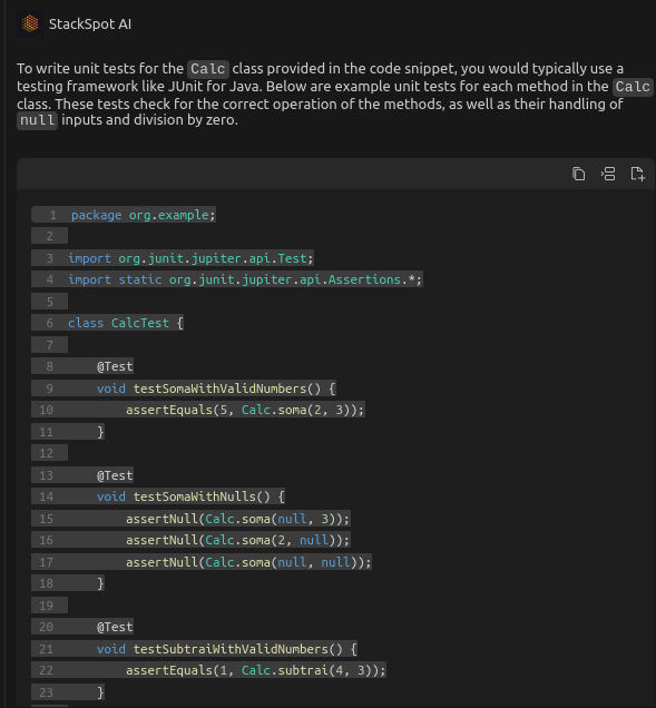 Imagem do artigo sobre testes unitários com informação gerada pela StackSpot AI, exibindo parte de uma classe de teste com  os métodos de teste gerados pela IA.