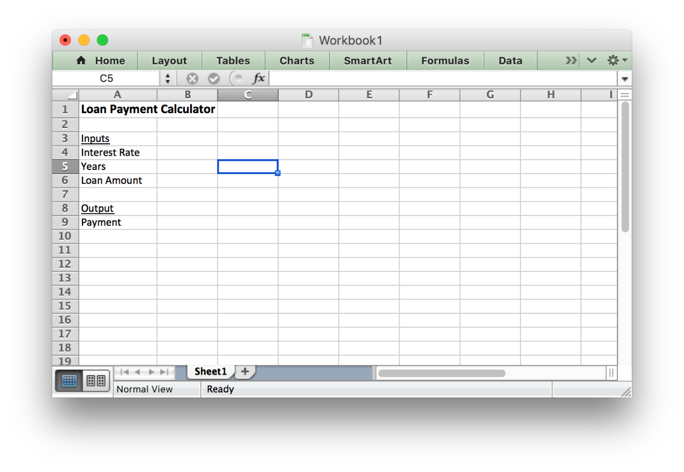 Excel sheet with the inputs and outputs listed.