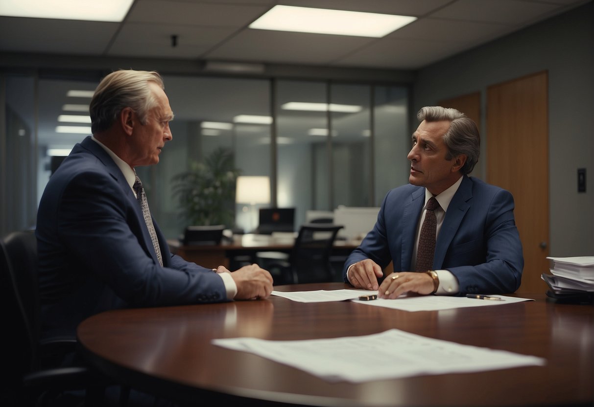 The scene depicts a landlord and tenant discussing the scope and application of the Landlord and Tenant Act 1985 in a well-lit office setting with legal documents and a contract visible on a desk