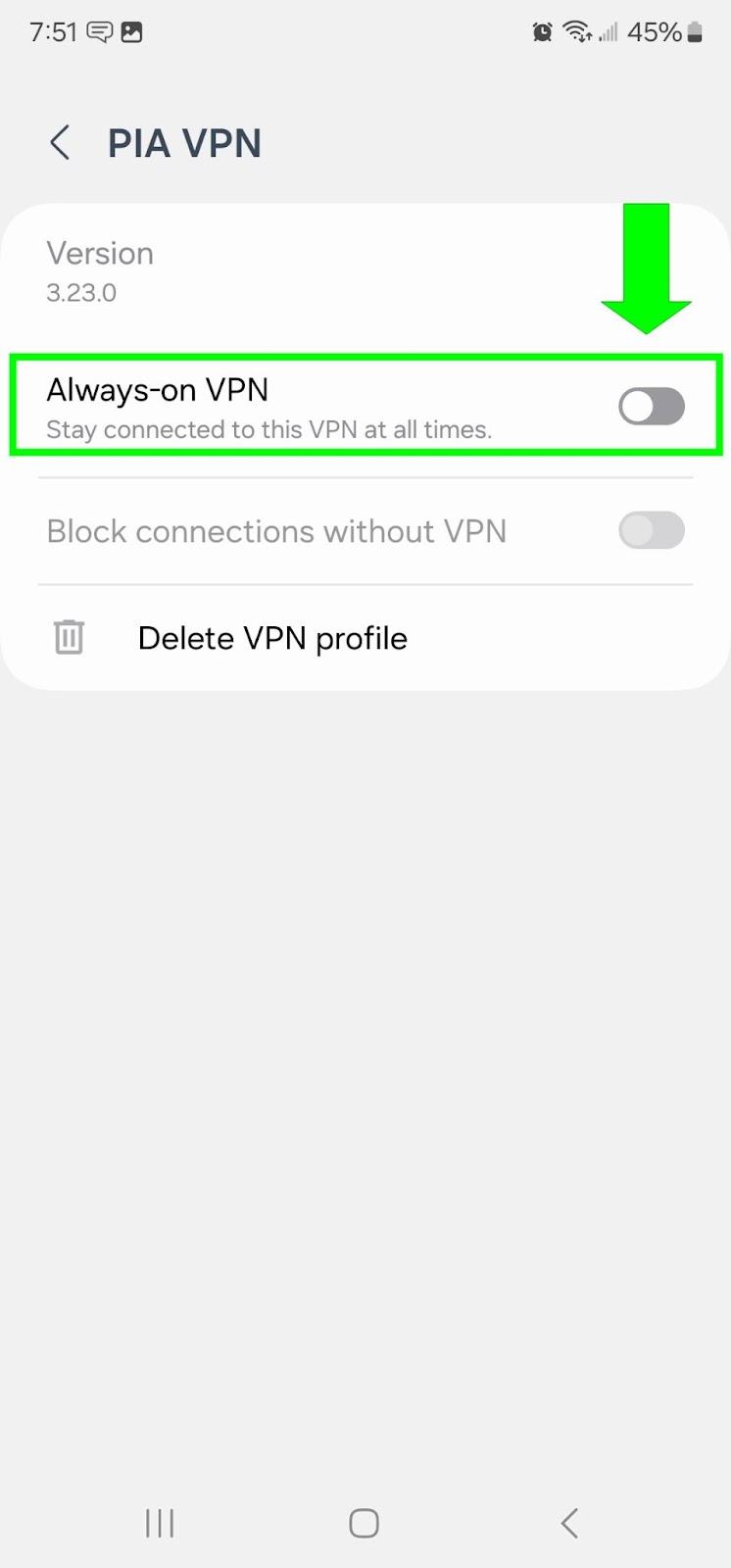 A screenshot of Android VPN settings with Always On highlighted.