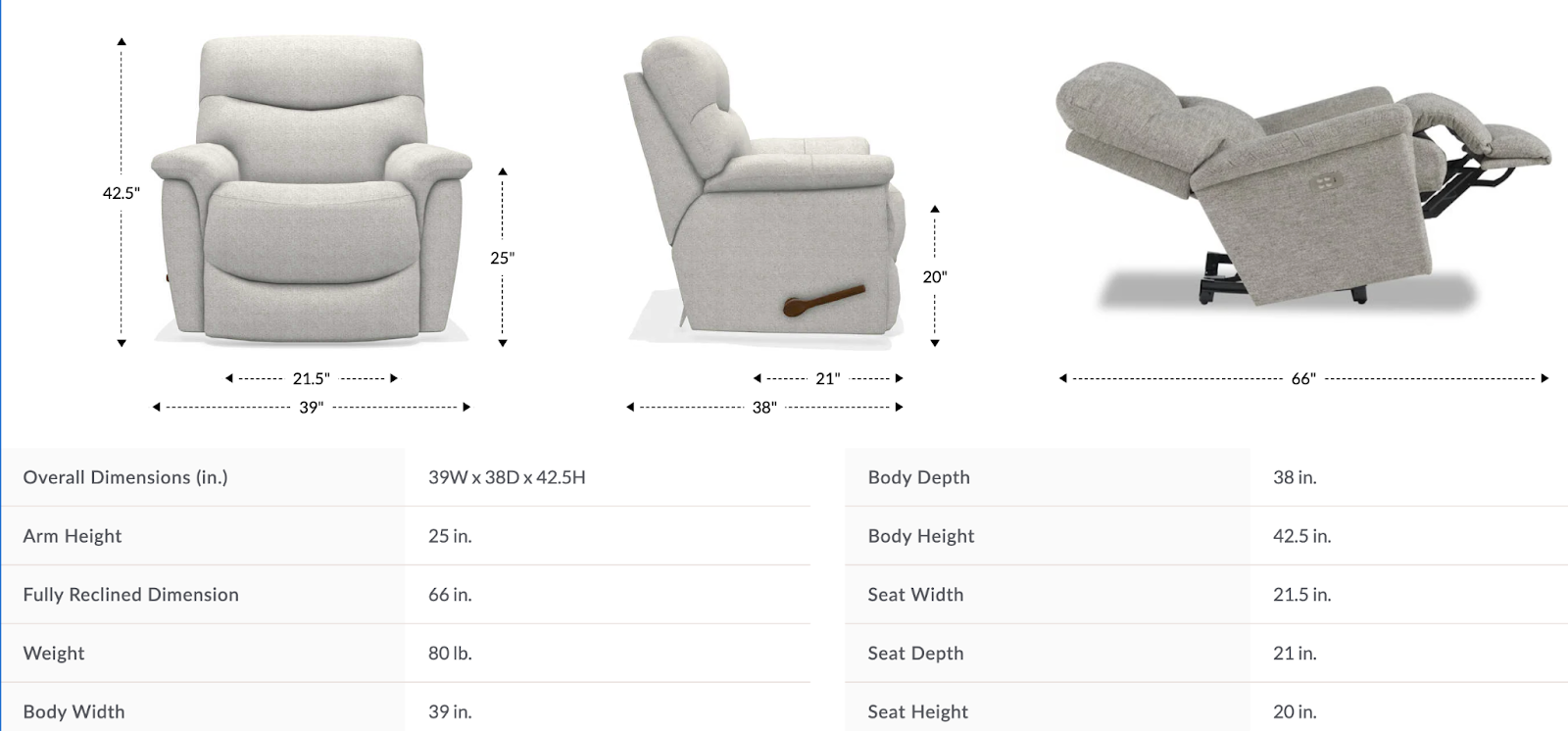 james recliner size & dimensions