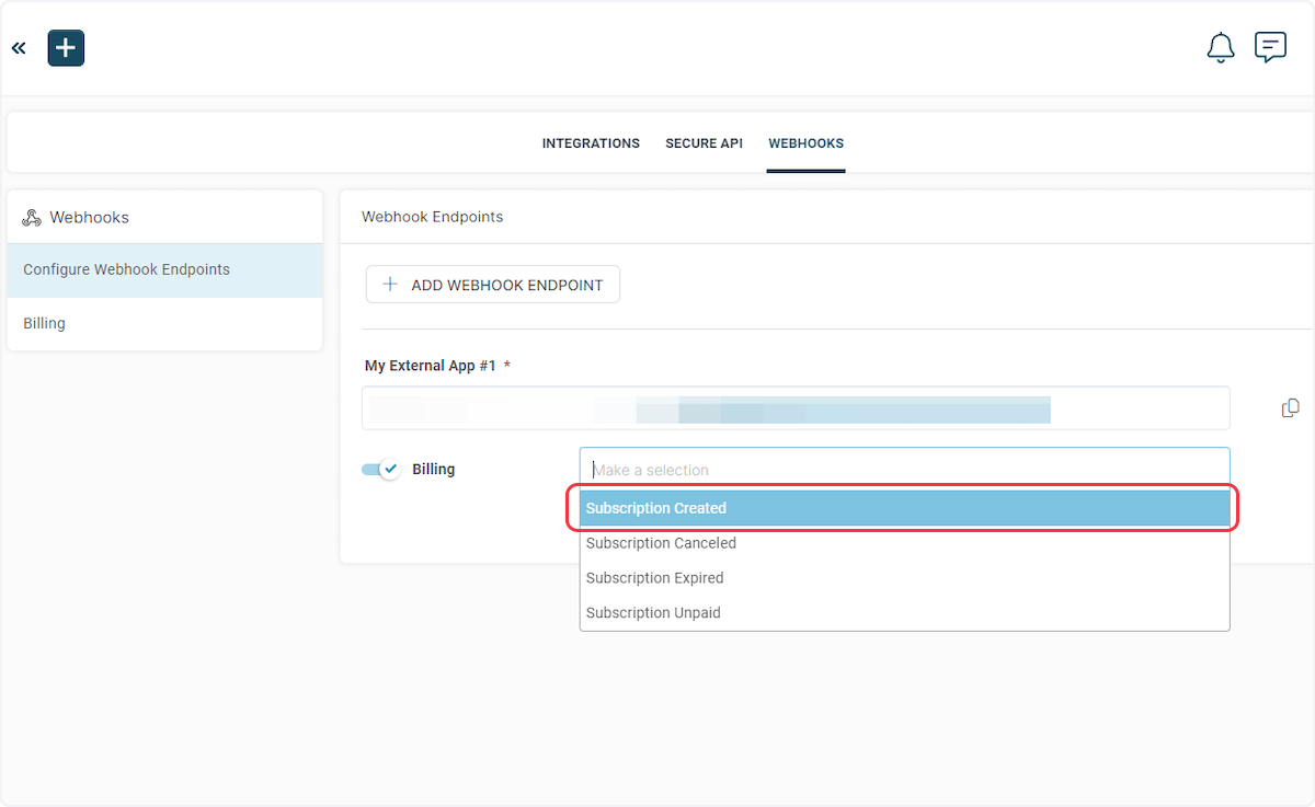 Now, select the event according to your trigger inside the "Make a Selection" field. For example, if you're setting up a webhook for the "Subscription Created" trigger, then you need to select "Subscription Created" event here.
