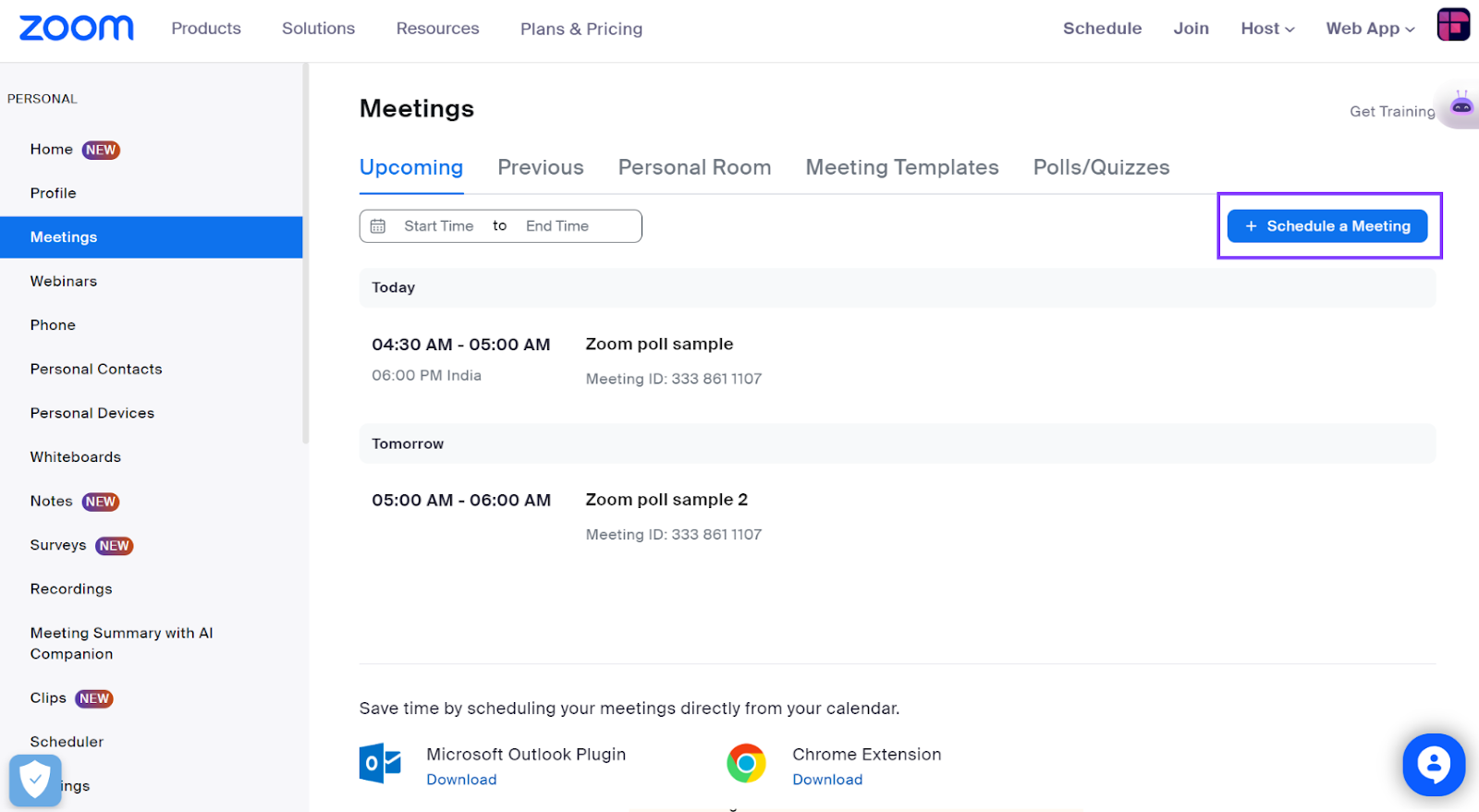 Create a meeting by clicking on Schedule a meeting