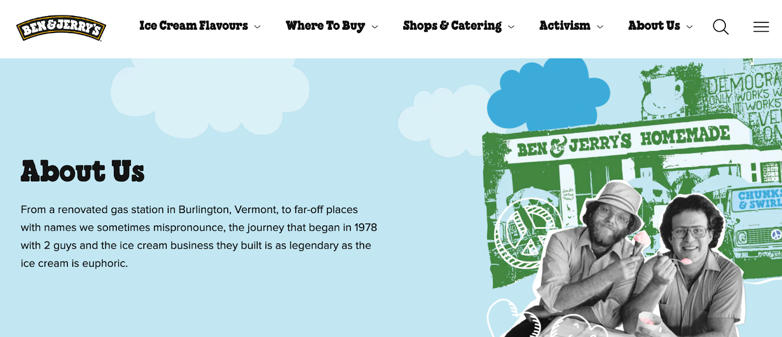 screenshot of Ben & Jerry’s brand story about us section