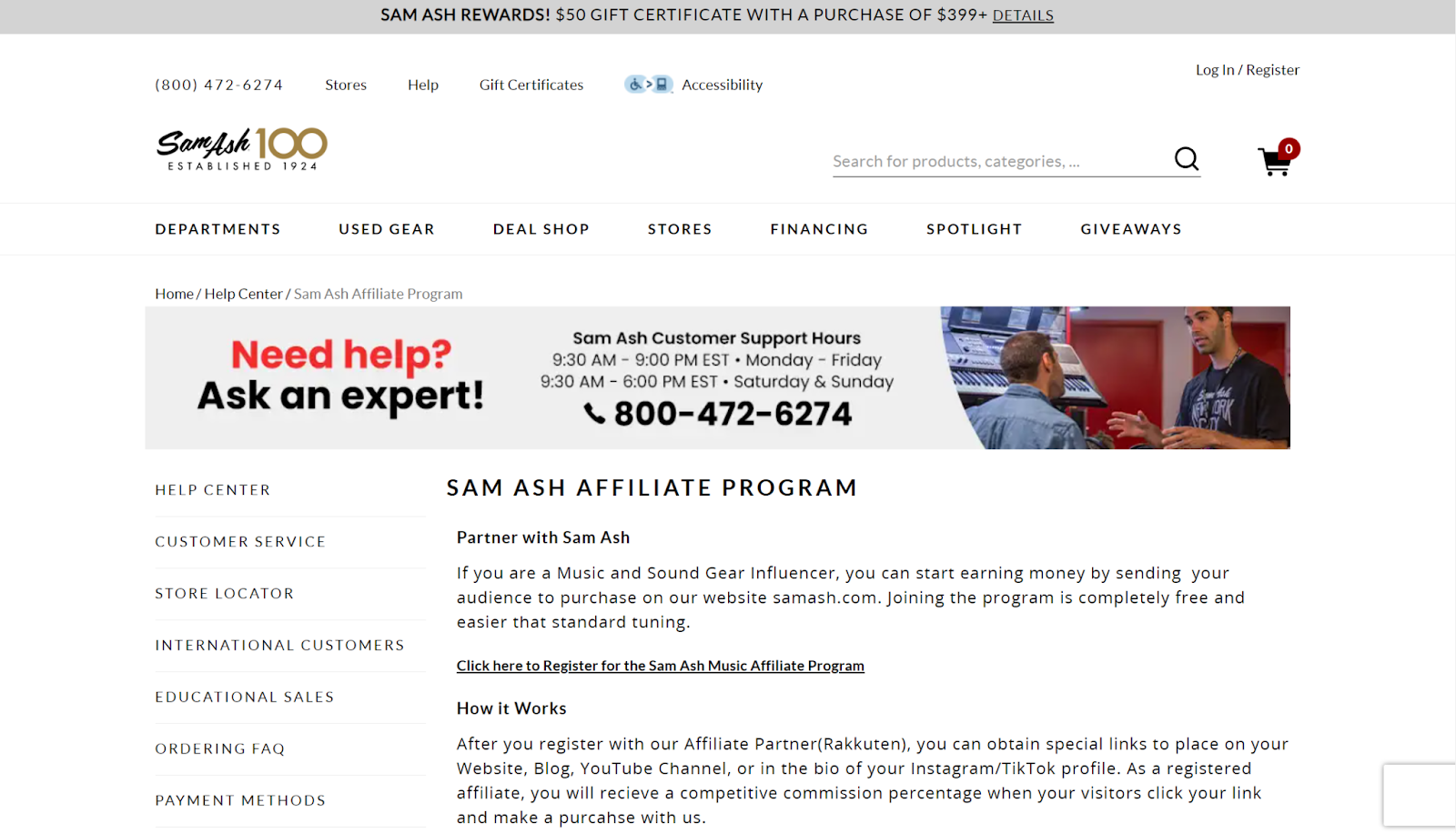 Sam Ash affiliate program website home page