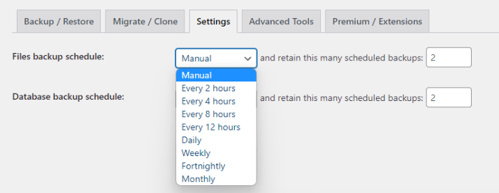 UpdraftPlus Plugin Settings 