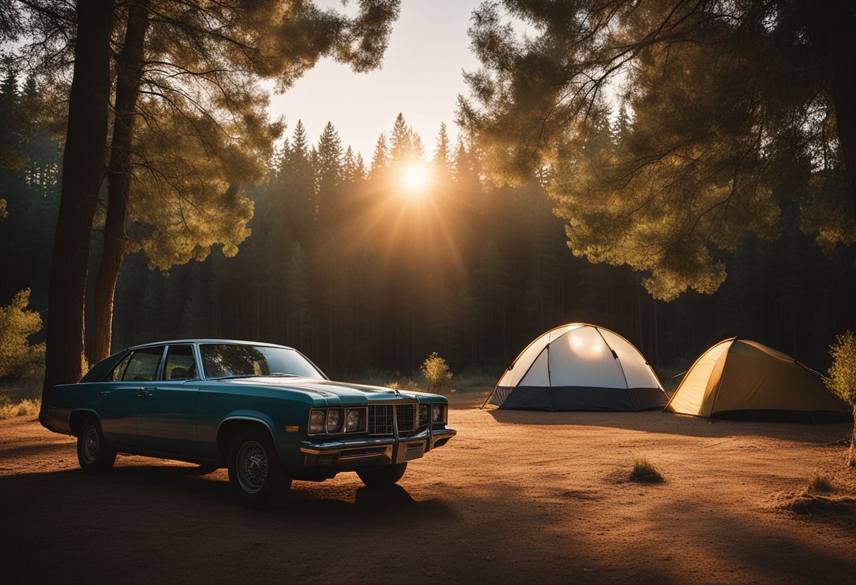 A car parked in a clearing surrounded by trees, with a tent set up nearby and a campfire burning. The sun is setting in the distance, casting a warm glow over the scene