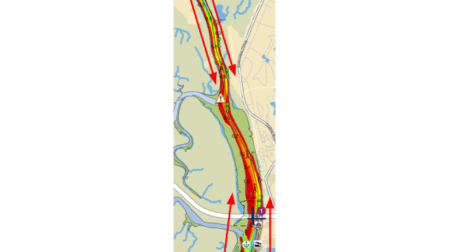 A map of Jekyll Island zoomed in to the tidal node.  Arrows show how the tide flows around the island and meets at the tidal node.