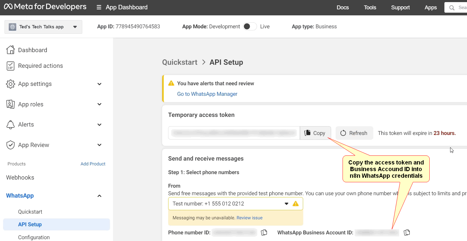 Adding credentials in the WhatsApp node settings